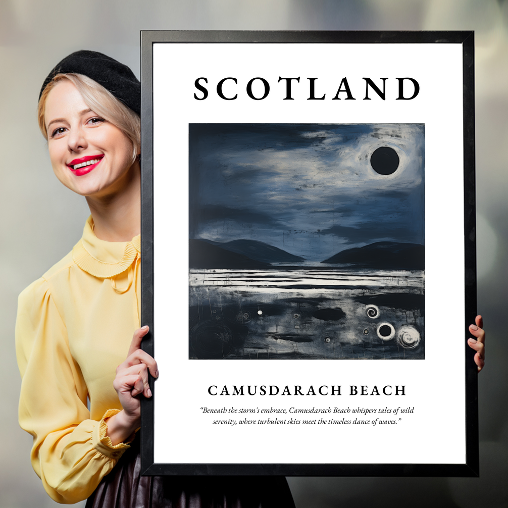 Person holding a poster of Camusdarach Beach