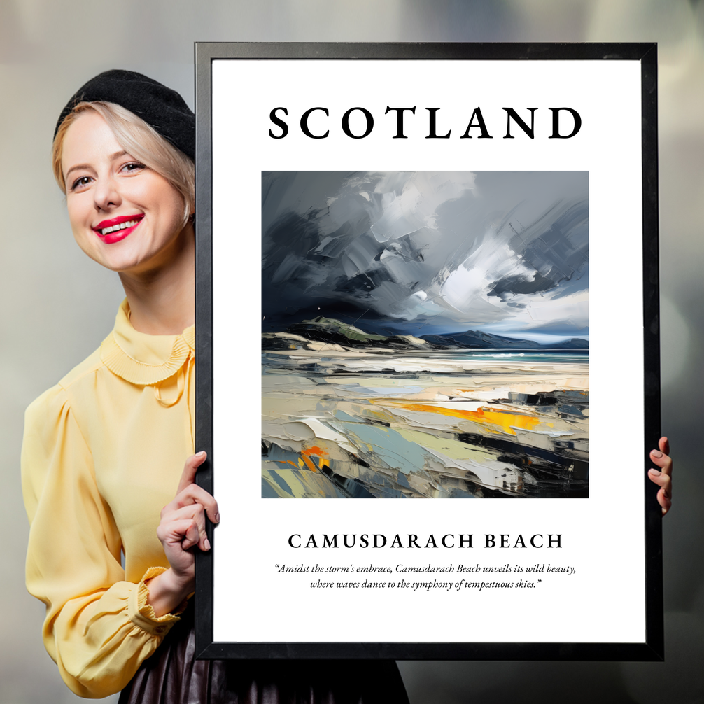 Person holding a poster of Camusdarach Beach