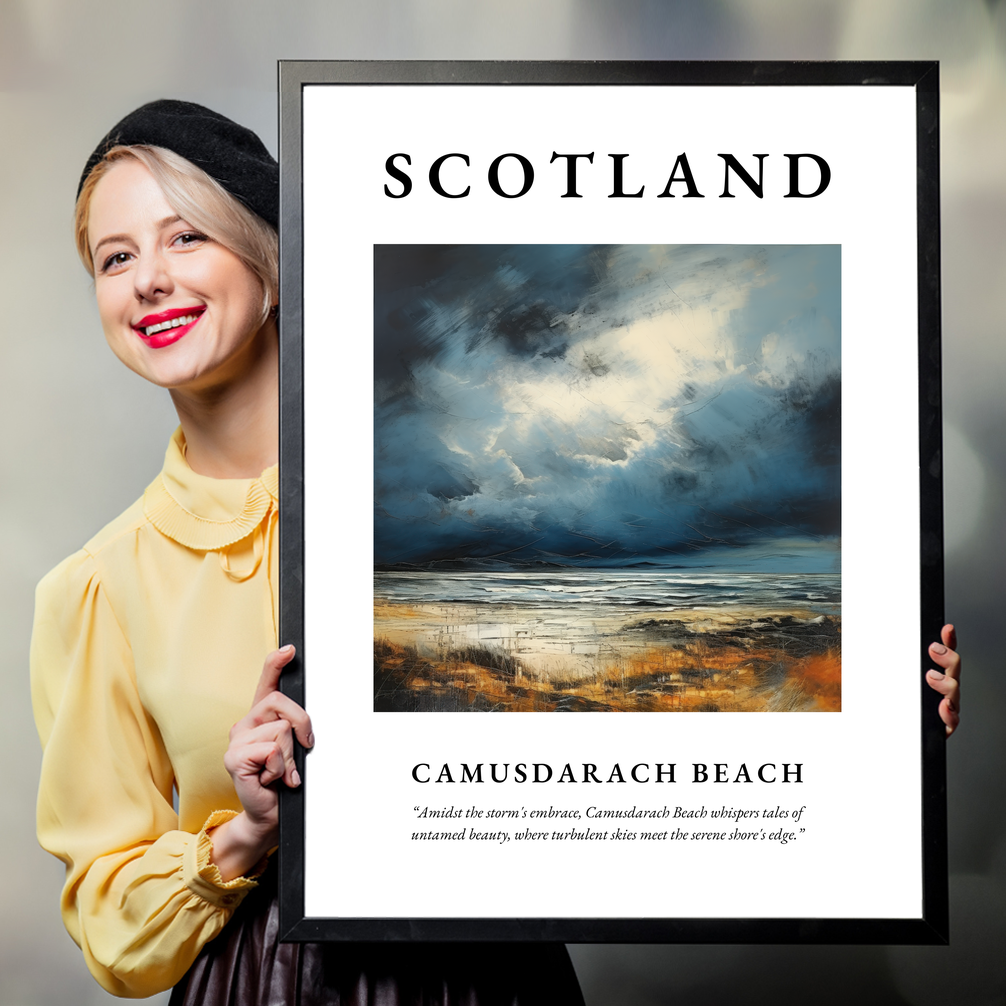 Person holding a poster of Camusdarach Beach