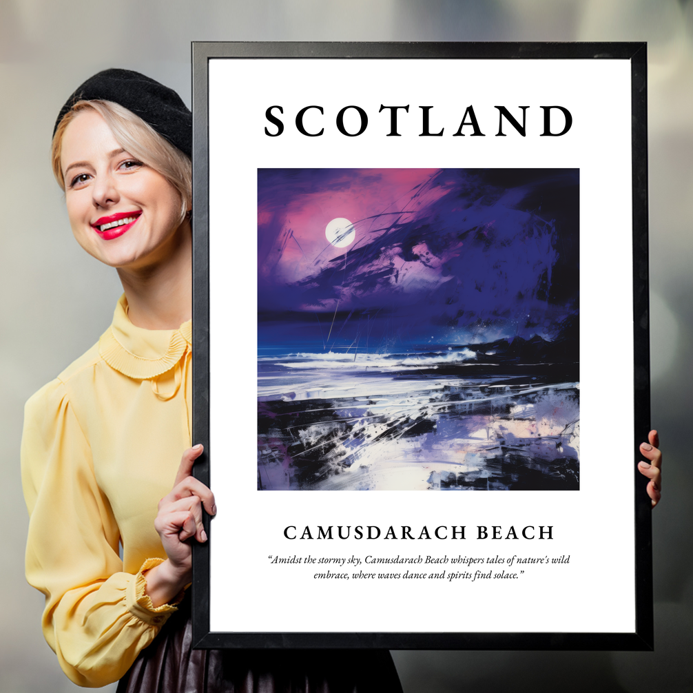 Person holding a poster of Camusdarach Beach