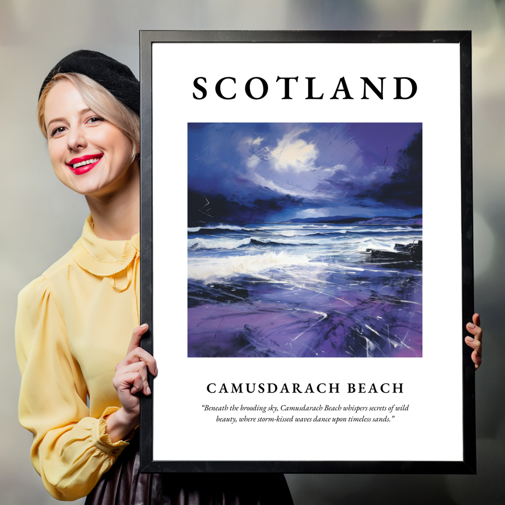 Person holding a poster of Camusdarach Beach