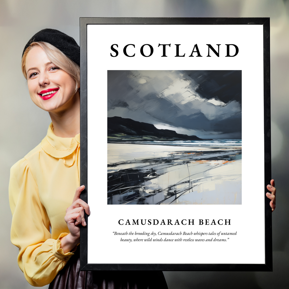 Person holding a poster of Camusdarach Beach