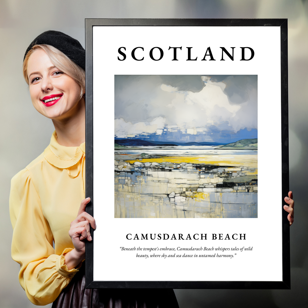 Person holding a poster of Camusdarach Beach