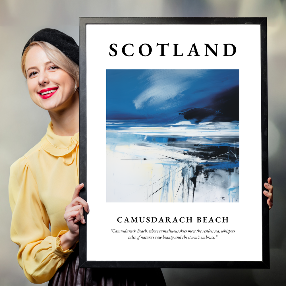 Person holding a poster of Camusdarach Beach