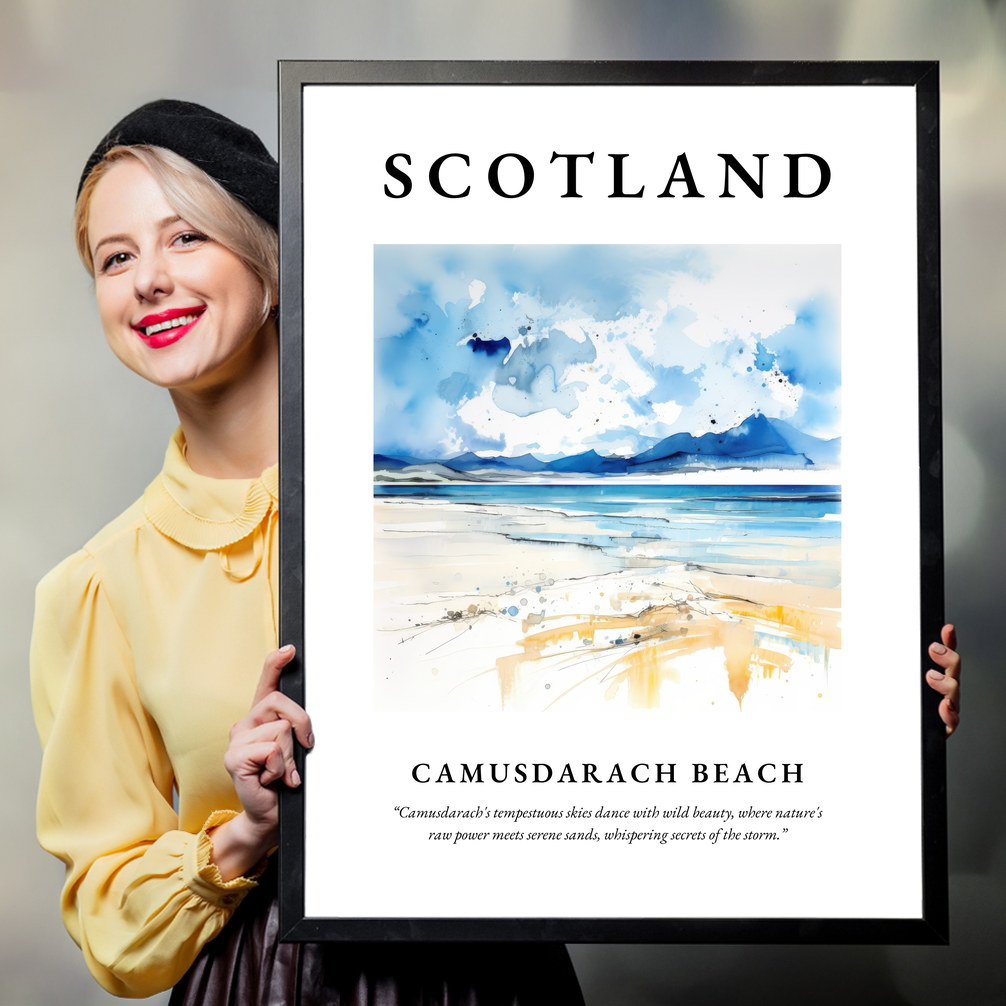 Person holding a poster of Camusdarach Beach