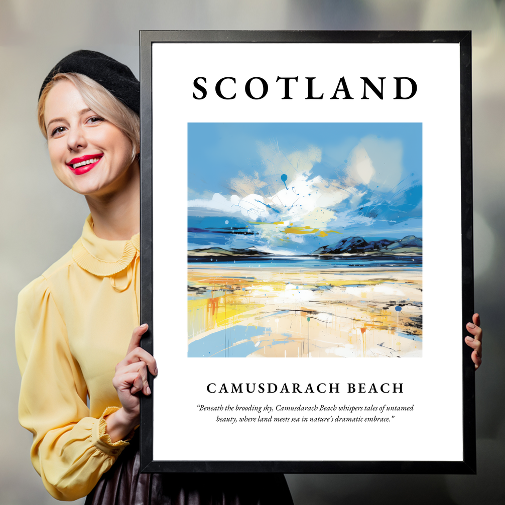 Person holding a poster of Camusdarach Beach