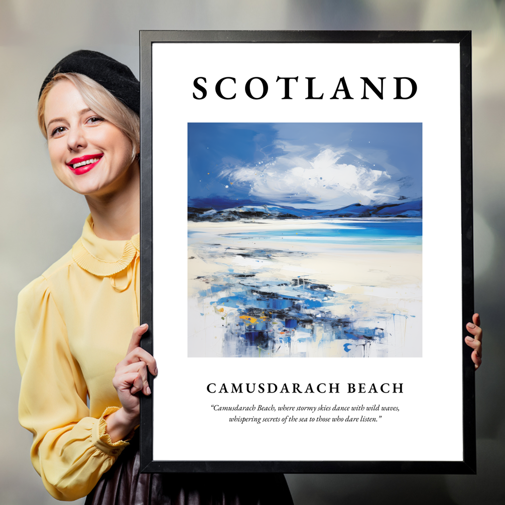 Person holding a poster of Camusdarach Beach