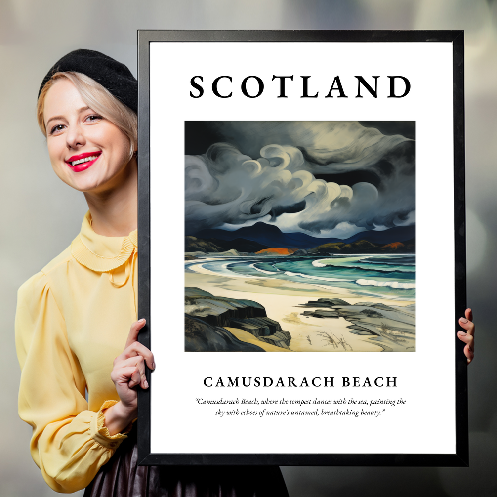 Person holding a poster of Camusdarach Beach