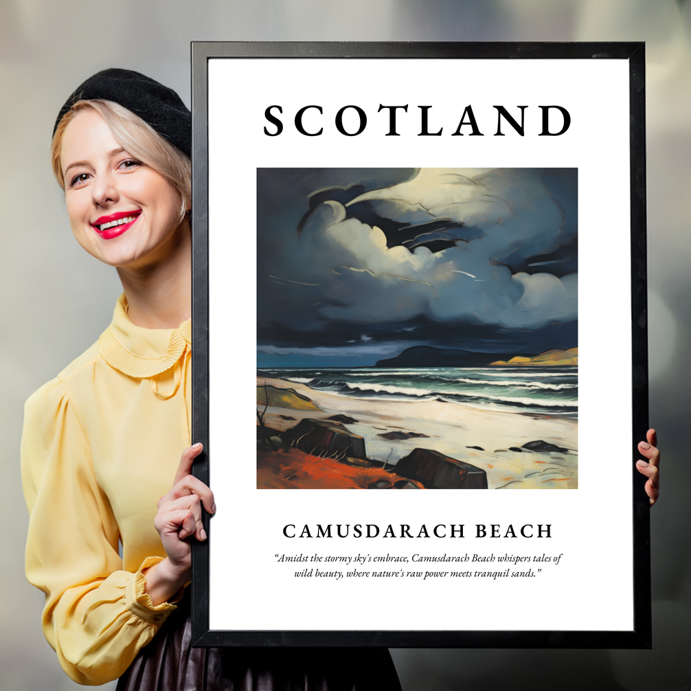 Person holding a poster of Camusdarach Beach