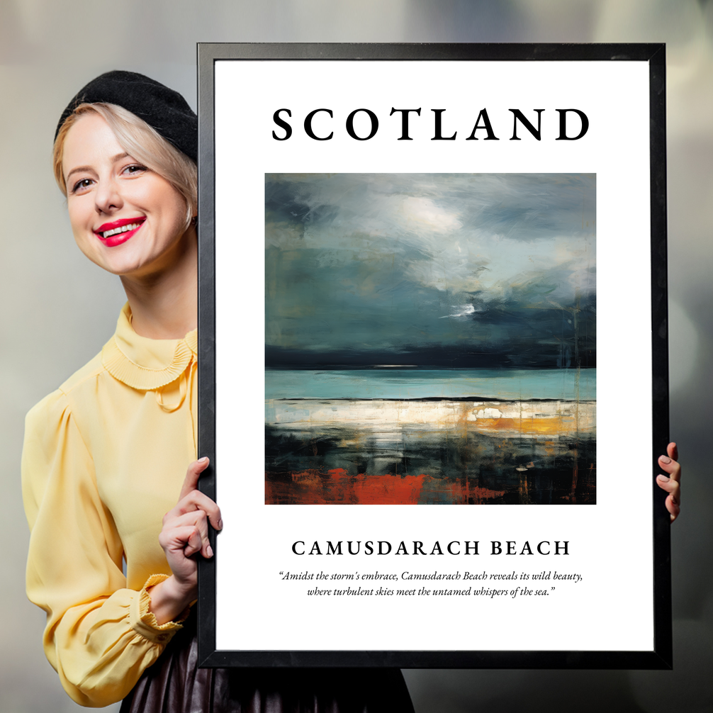 Person holding a poster of Camusdarach Beach