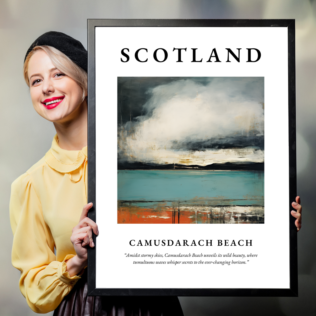 Person holding a poster of Camusdarach Beach