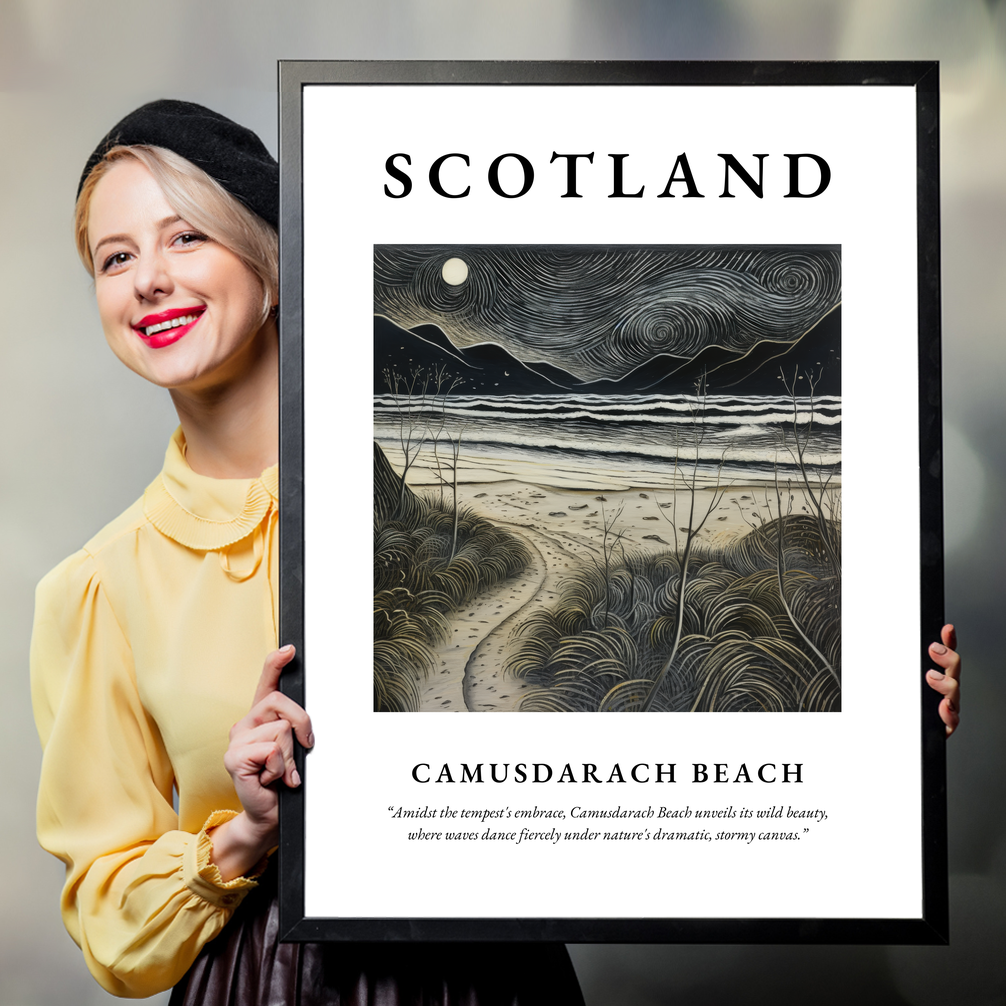 Person holding a poster of Camusdarach Beach