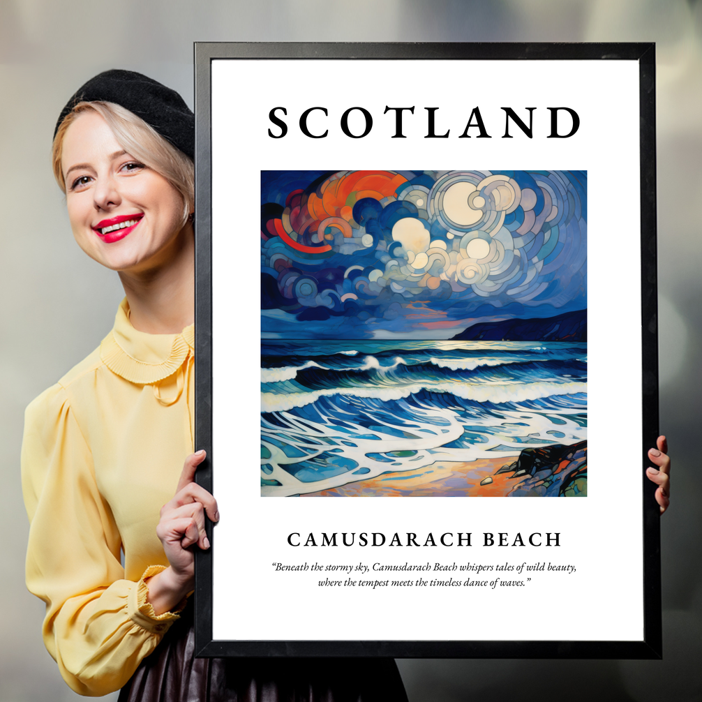 Person holding a poster of Camusdarach Beach