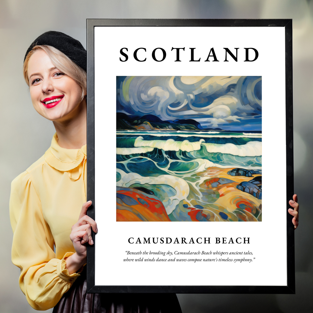 Person holding a poster of Camusdarach Beach