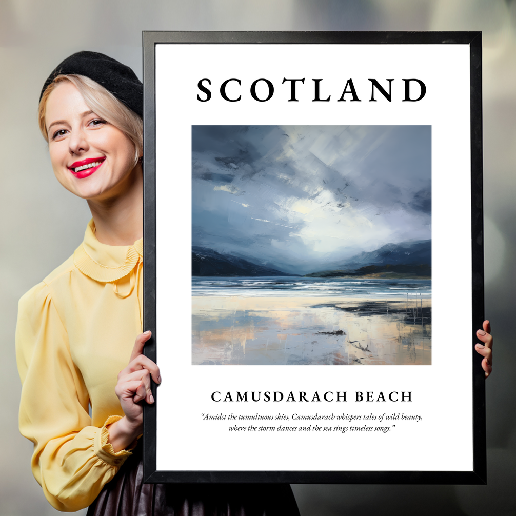 Person holding a poster of Camusdarach Beach