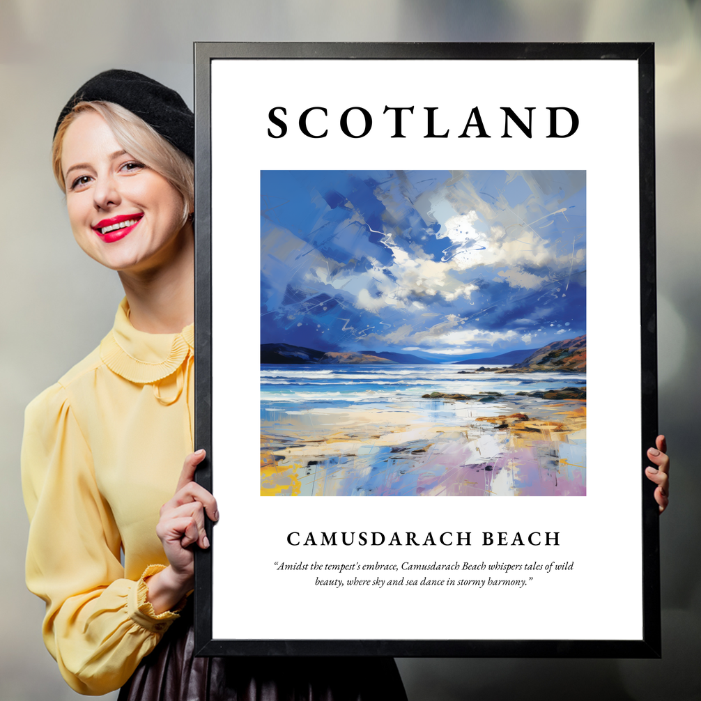 Person holding a poster of Camusdarach Beach