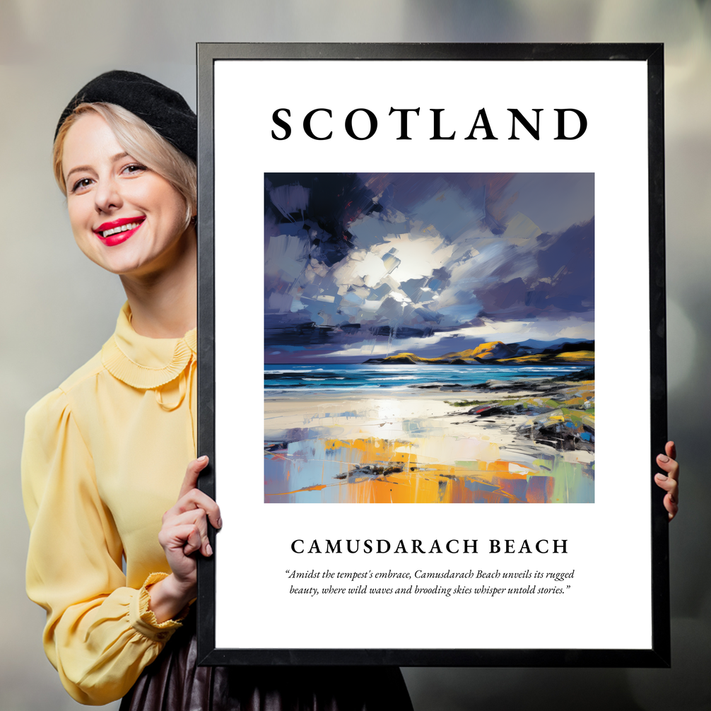 Person holding a poster of Camusdarach Beach