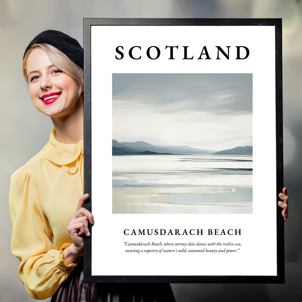 Person holding a poster of Camusdarach Beach