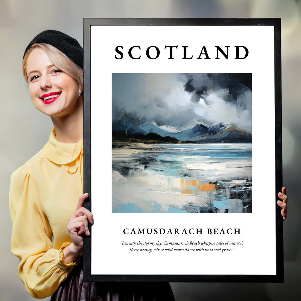 Person holding a poster of Camusdarach Beach