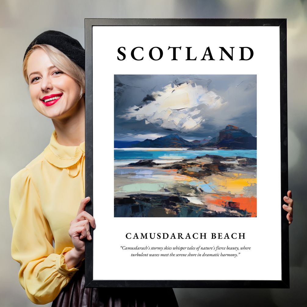 Person holding a poster of Camusdarach Beach