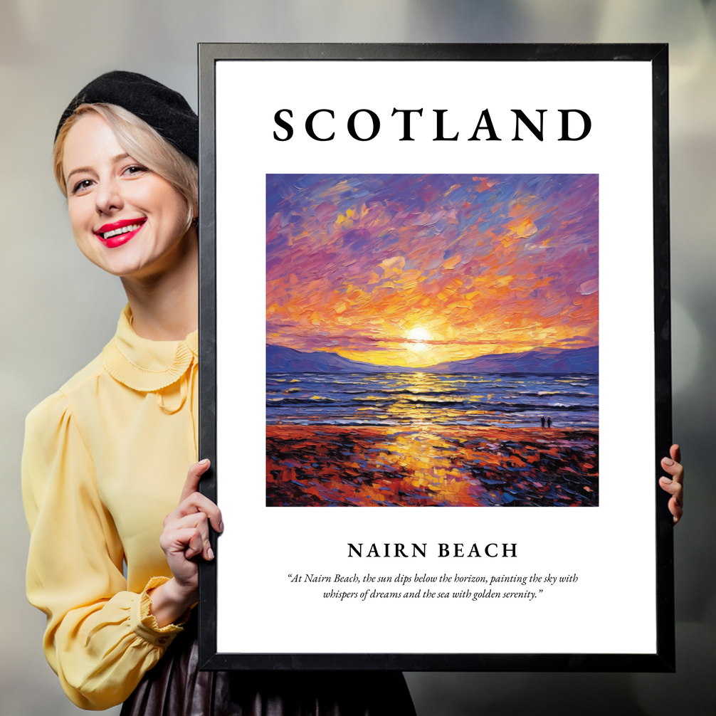 Person holding a poster of Nairn Beach