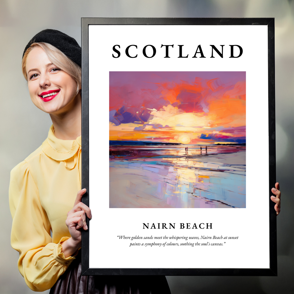 Person holding a poster of Nairn Beach