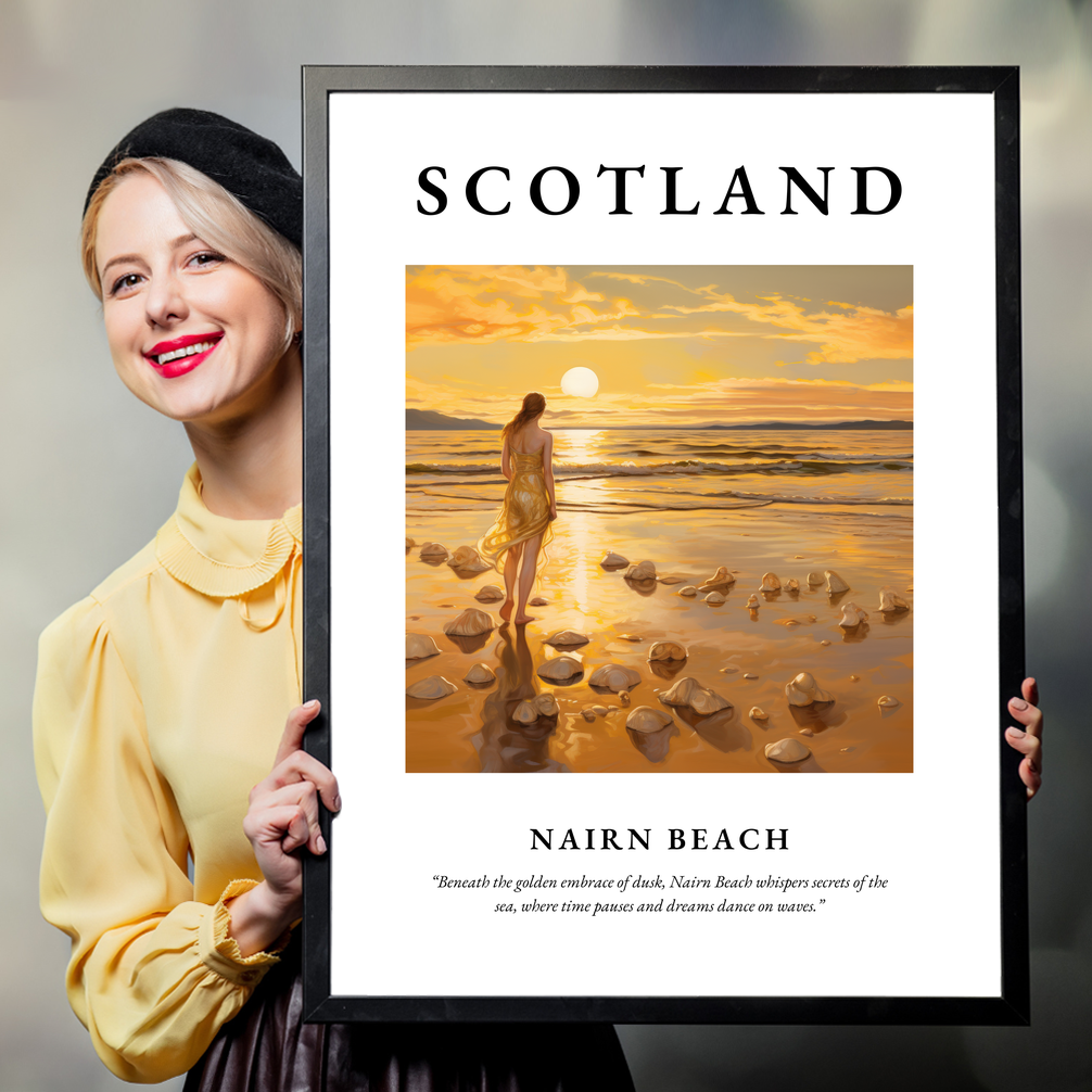 Person holding a poster of Nairn Beach