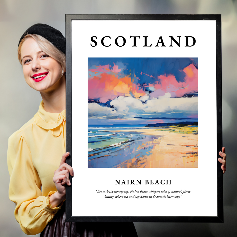 Person holding a poster of Nairn Beach