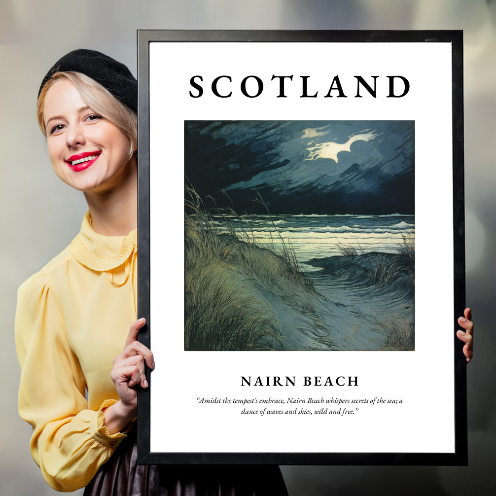 Person holding a poster of Nairn Beach