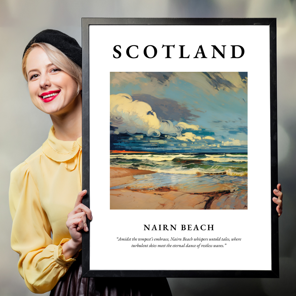 Person holding a poster of Nairn Beach