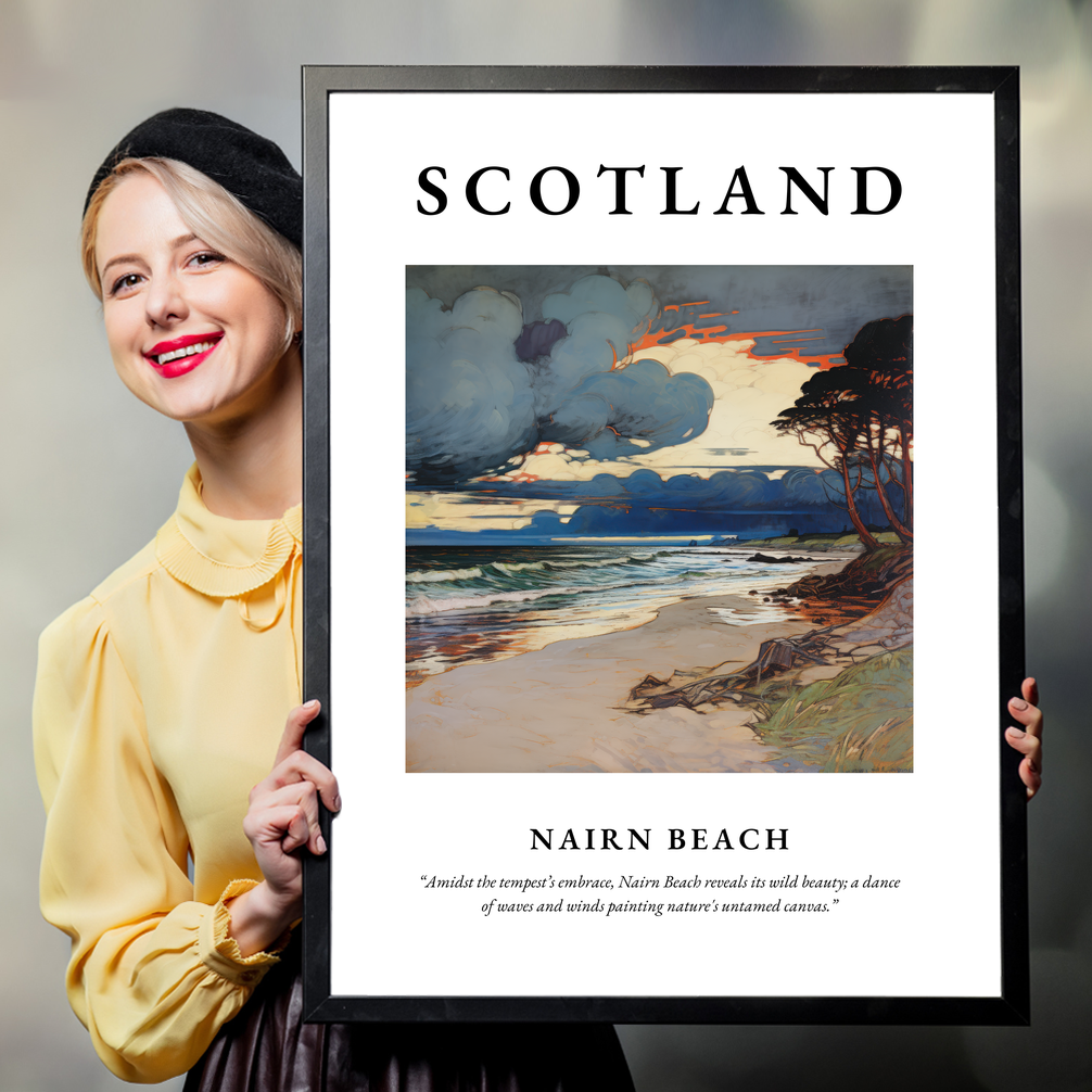 Person holding a poster of Nairn Beach