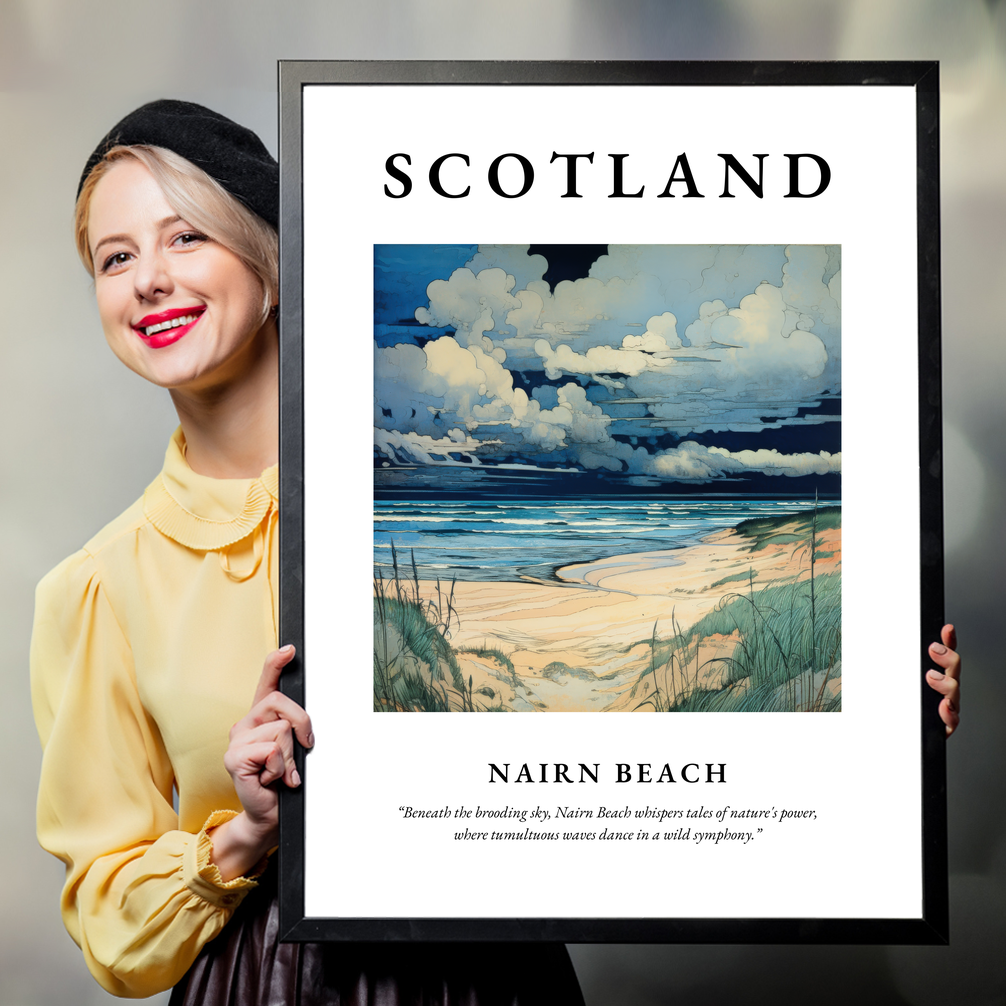 Person holding a poster of Nairn Beach