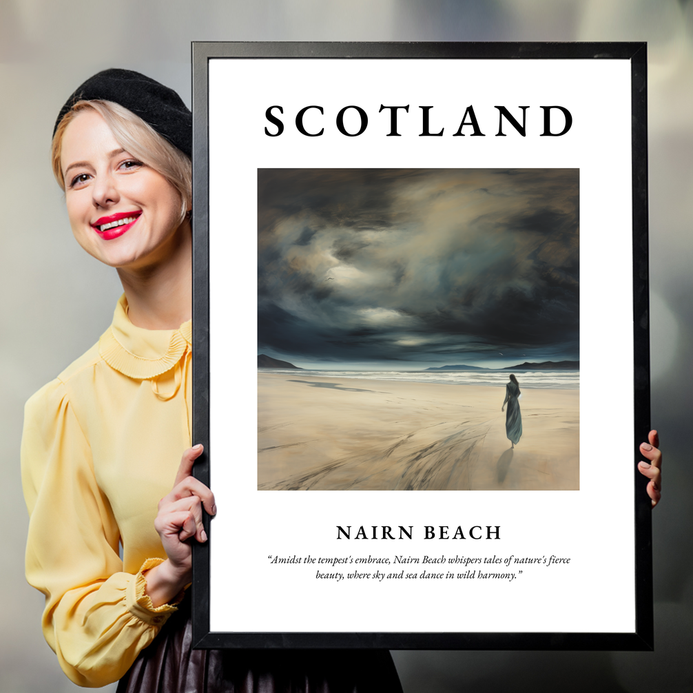 Person holding a poster of Nairn Beach