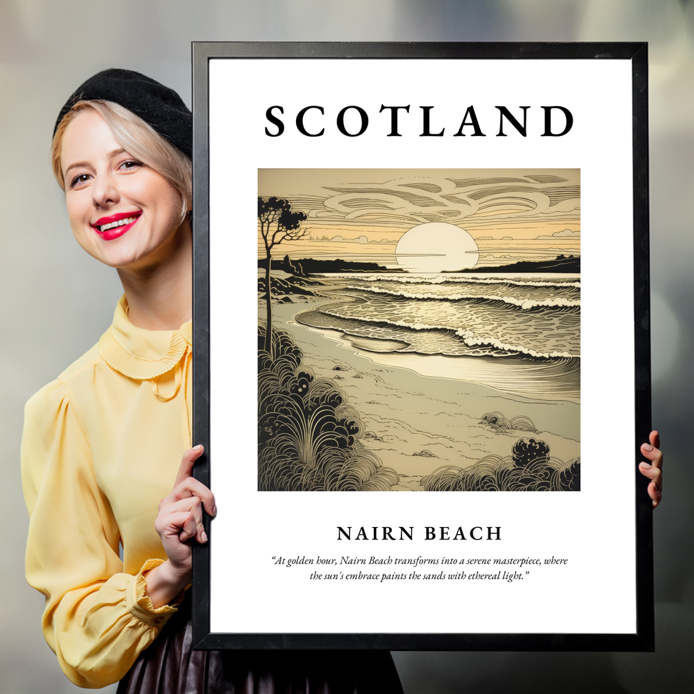 Person holding a poster of Nairn Beach