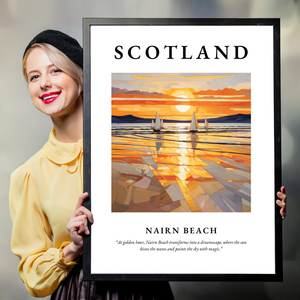 Person holding a poster of Nairn Beach