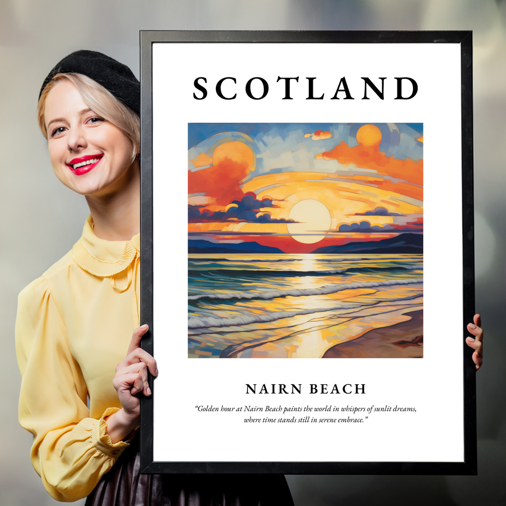 Person holding a poster of Nairn Beach