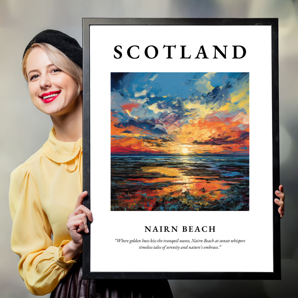 Person holding a poster of Nairn Beach