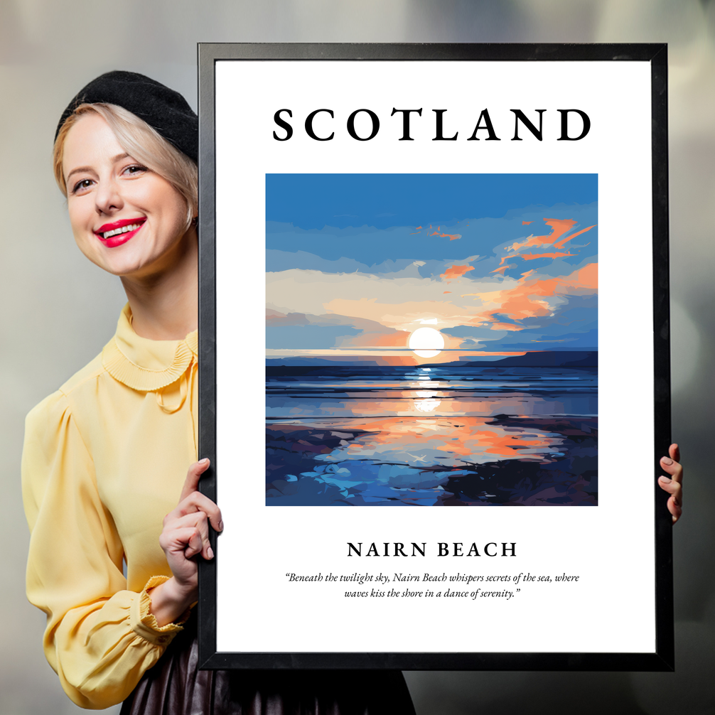 Person holding a poster of Nairn Beach