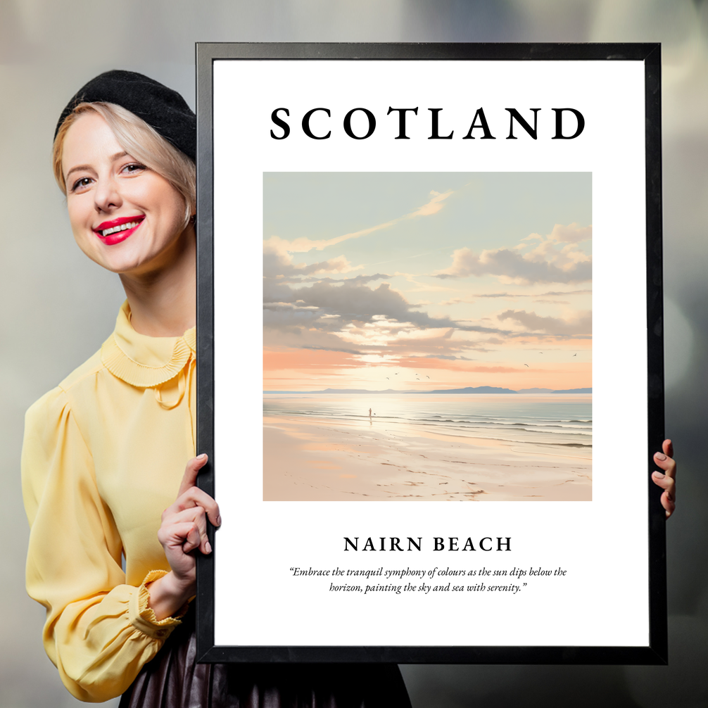 Person holding a poster of Nairn Beach