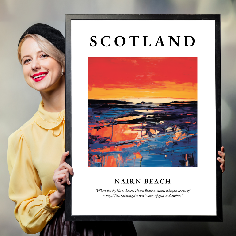 Person holding a poster of Nairn Beach