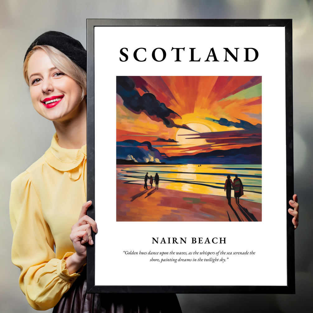 Person holding a poster of Nairn Beach