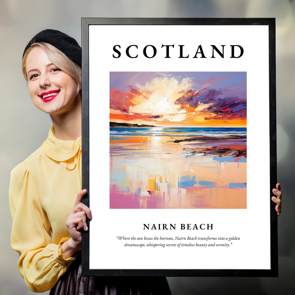 Person holding a poster of Nairn Beach