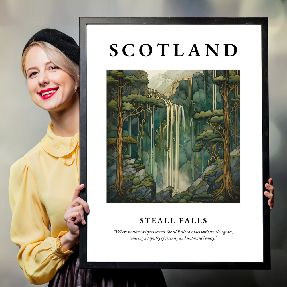 Person holding a poster of Steall Falls