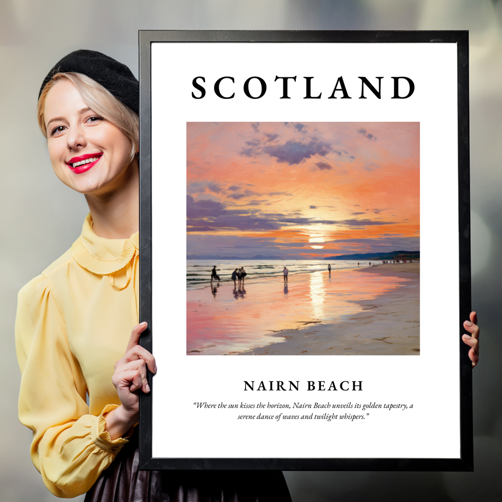 Person holding a poster of Nairn Beach