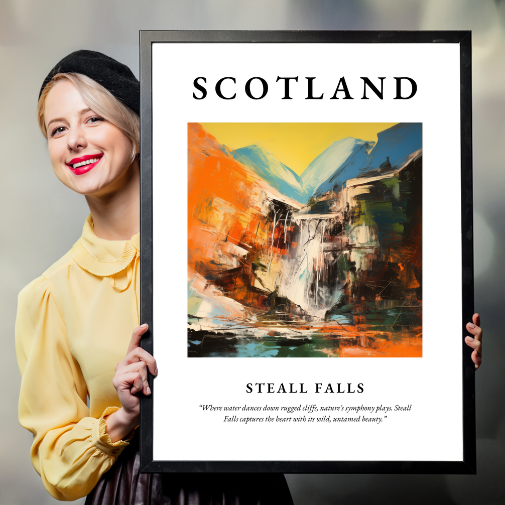 Person holding a poster of Steall Falls