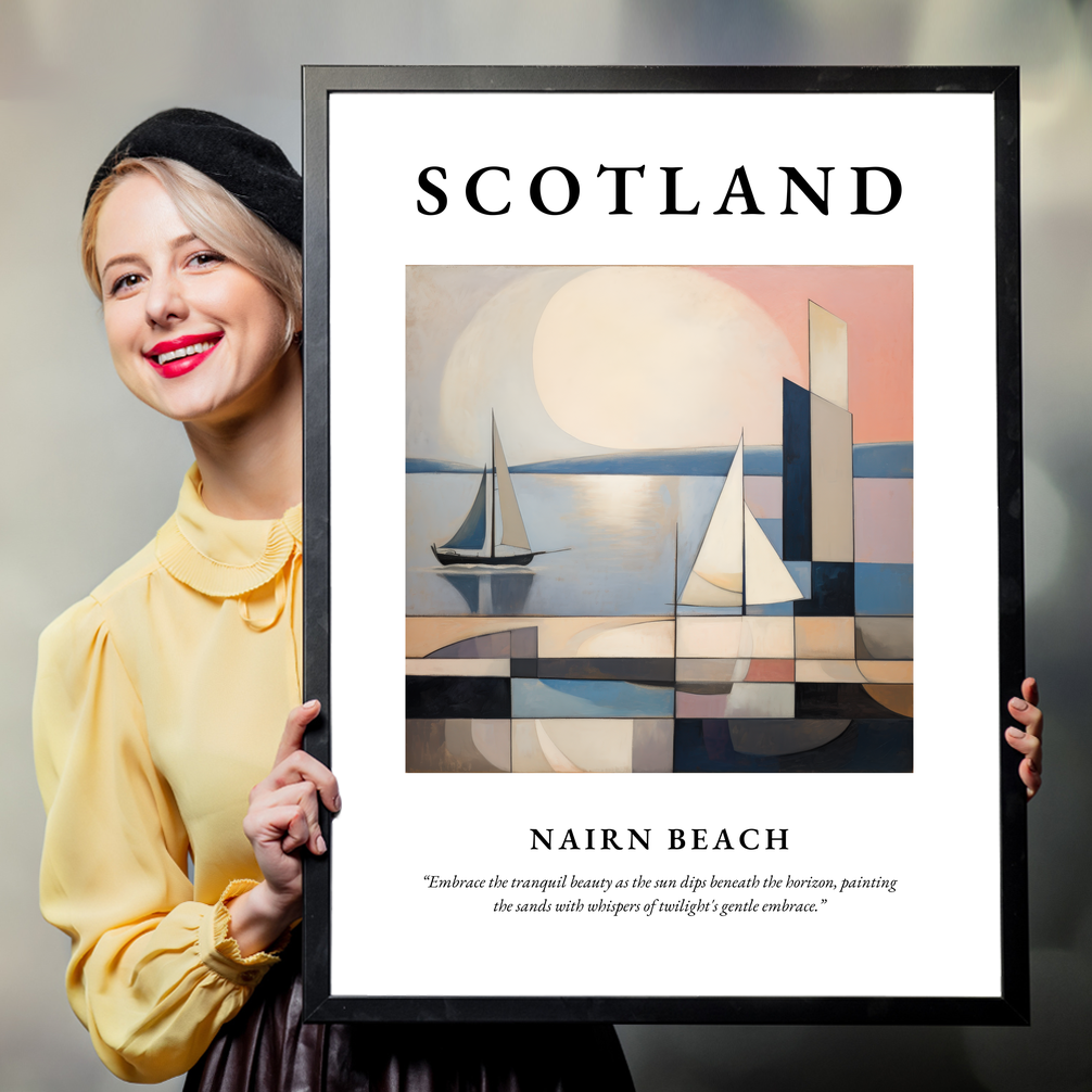 Person holding a poster of Nairn Beach