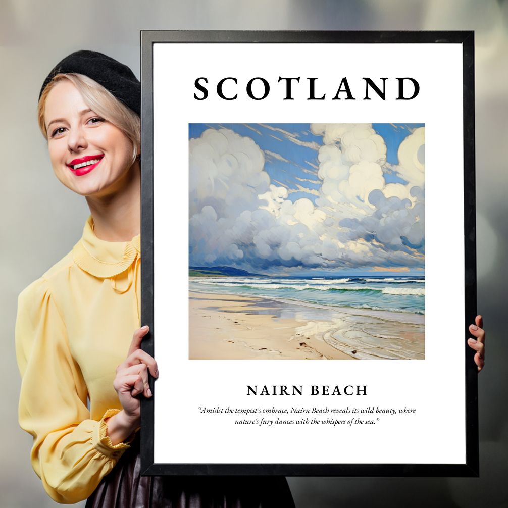 Person holding a poster of Nairn Beach