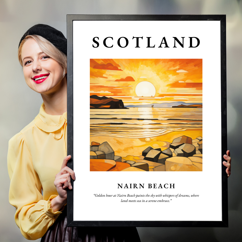 Person holding a poster of Nairn Beach