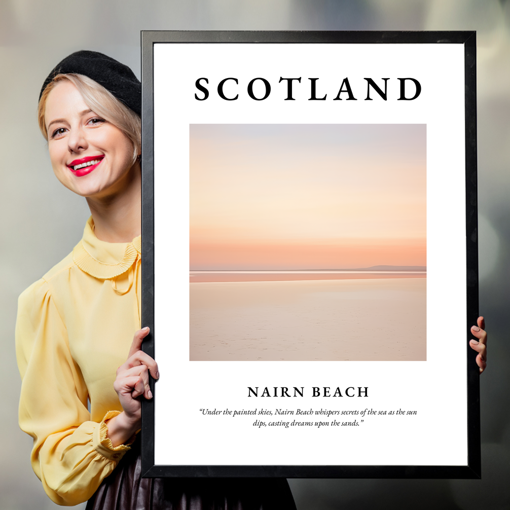 Person holding a poster of Nairn Beach