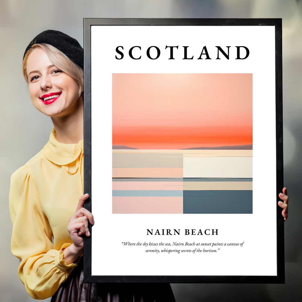 Person holding a poster of Nairn Beach